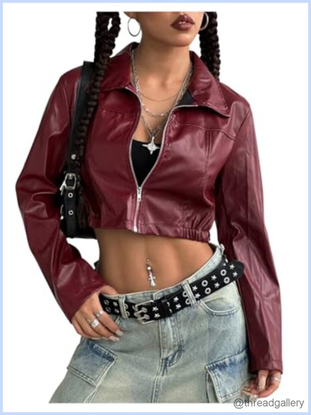 Women's Cropped Motorcycle Faux Leather Jacket Zip Front Long Sleeve